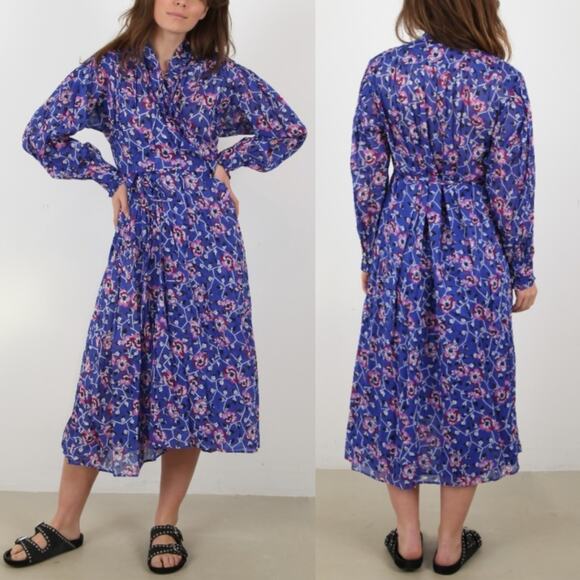 ISABEL MARANT ETOILE Maelys Wrap Midi Dress Floral Blue Ruffle Tapestry Wedding - Picture 12 of 12